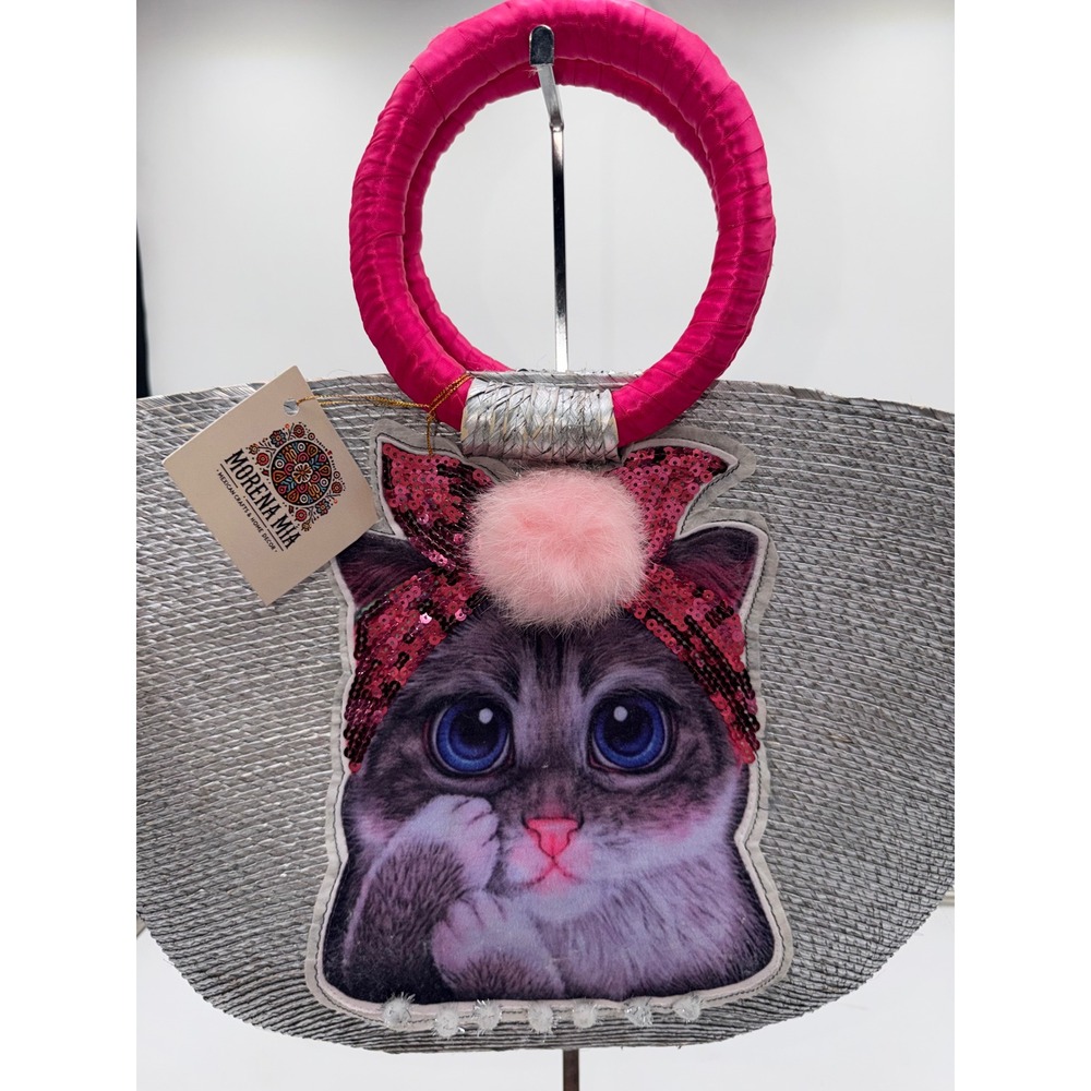 Morena Mia Mexican Handmade Straw Tote Bag Silver Pink Cat Sequin Pom Pom NEW - Picture 2 of 9
